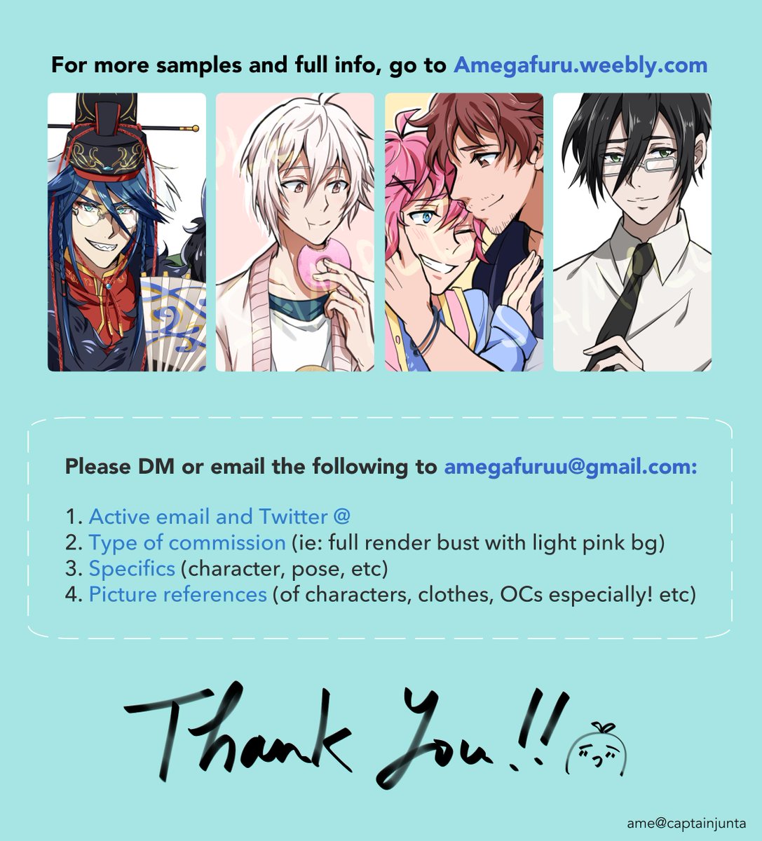 [RT 💙]
I'm open for commissions again, starting with 5 slots! please DM or email the info in the last pic to amegafuruu(@)gmail(.)com 

🐱 Full info and a bunch of samples here: https://t.co/cQHtIDJOFJ 