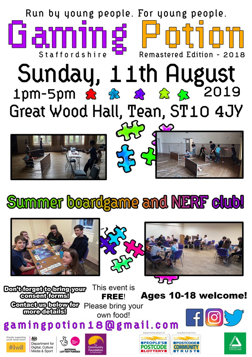 GamingPotion18's tweet photo. Come along to Gaming Potion’s next free Nerf and Board Game event at Great Wood Hall, Tean on Sunday, August 11th, 1-5pm for ages 10-18.

We are running Nerf 1-3pm, with our new game mode VIP,

For the duration of the day, we are running board games! 

#GamingPotion #Iwill https://t.co/EKaaLuy38W