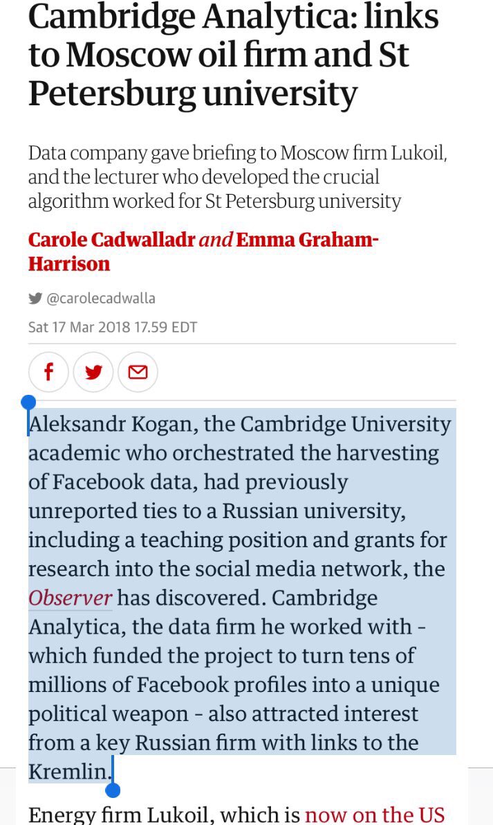 35/ #33 con. “Cambridge Analytica, the data firm he worked with – which funded the project to turn tens of millions of Facebook profiles into a unique political weapon – also attracted interest from a key Russian firm with links to the Kremlin.”