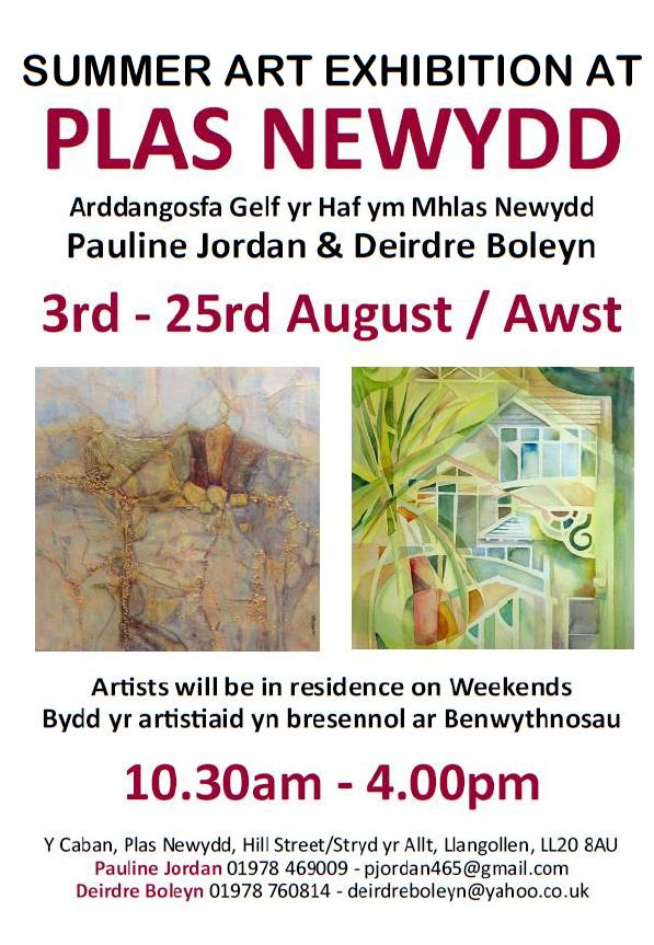 Summer Art Exhibition at Plas Newydd! We currently have artists Pauline Jordan and Deirdre Boleyn at Y Caban, Plas Newydd. Artists will be in residence on weekends from 10:30 AM - 4 PM
