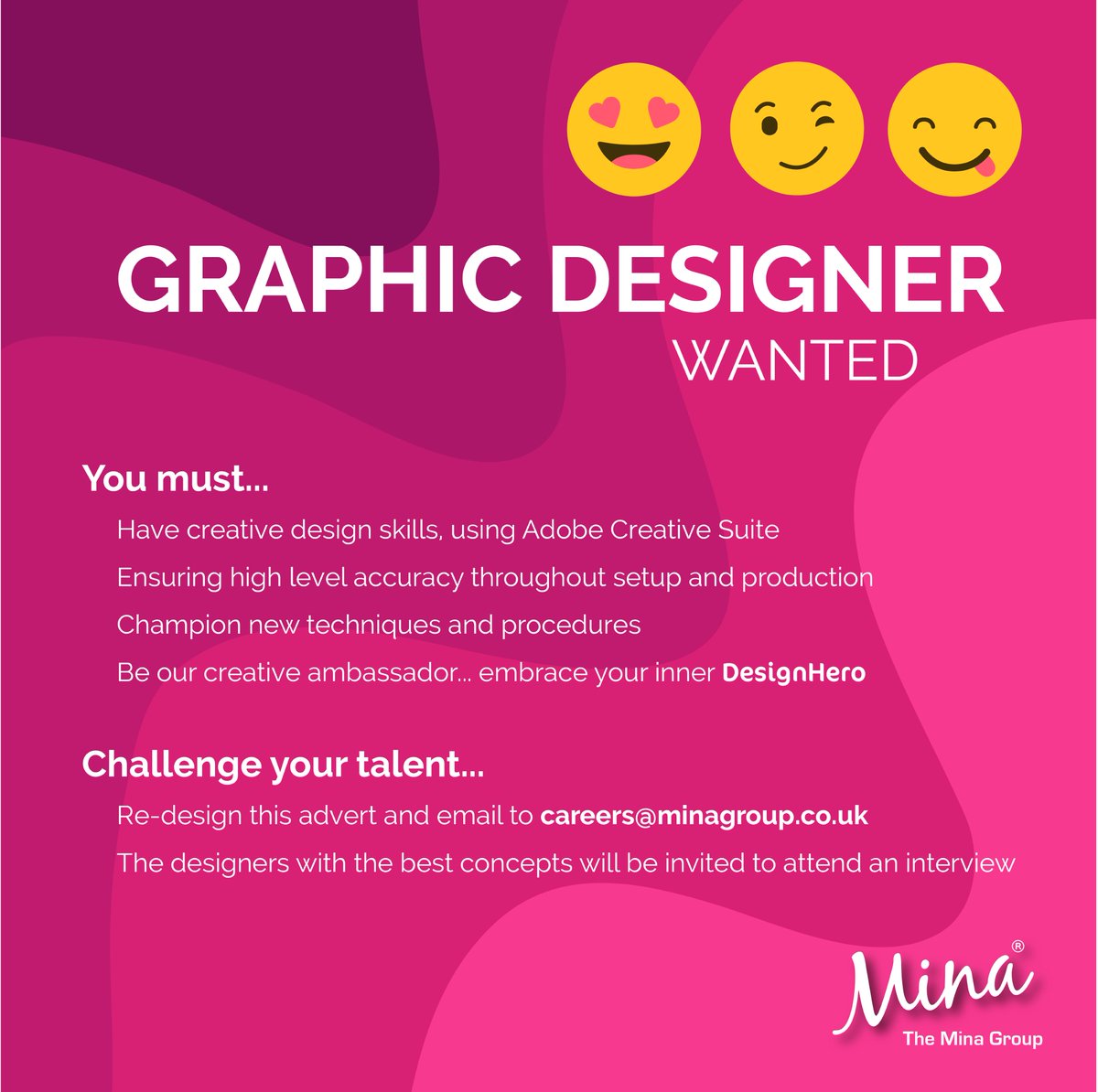 hellothreada's tweet image. We're looking for a Graphic Designer to join our team 😍

Are you interested... see the image below for further information!

What you need to do:
👉 Re design the below job advert
👉 Email your design(s) along with your CV to careers@minagroup.co.uk

Good luck 🤞