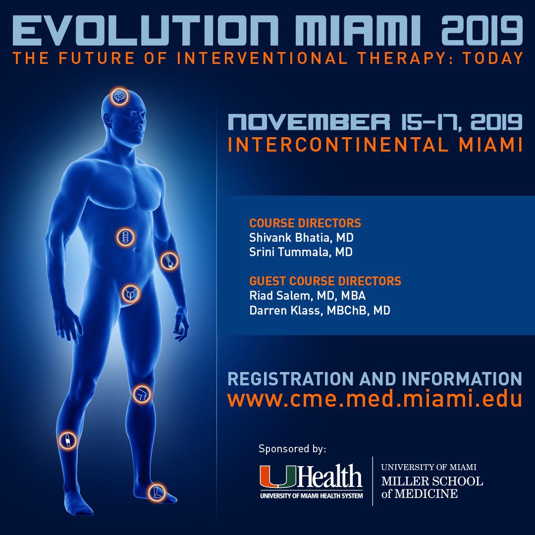 Med Stud, Resid &amp; fellows join us in Miami for sun, fun, &amp; CME!!! Evolution Miami 2019, Multi-specialty Speakers &amp; hands on workshops on import topics for your future practice: CLI, Venous Dz, Perc Dialysis AVF Creation, PAE, GAE, Spine Rx &amp; Stroke. <a href="/theAPDIR/">APDIR</a> <a href="/SIRRFS/">SIR RFS</a> <a href="/CLIfighters/">CLIfighters</a>