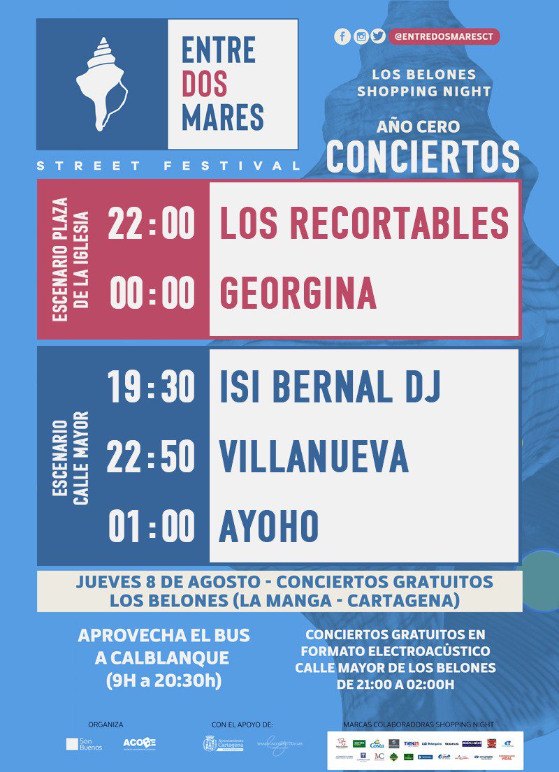 GeorginaFClub's tweet photo. ⌛ Tic, Tac... Cuatro días y @entredosmaresct lleva la fiesta a #LosBelones con la mejor música. Échale un ojo al cartel, ¡no podrás resistirte! 🐚

🔷 @georginamusica actuará a las 00:00 en el Escenario Plaza de la Iglesia.

⚠️ ¡Acceso gratuito! ⚠️ https://t.co/AG7L82fBmp