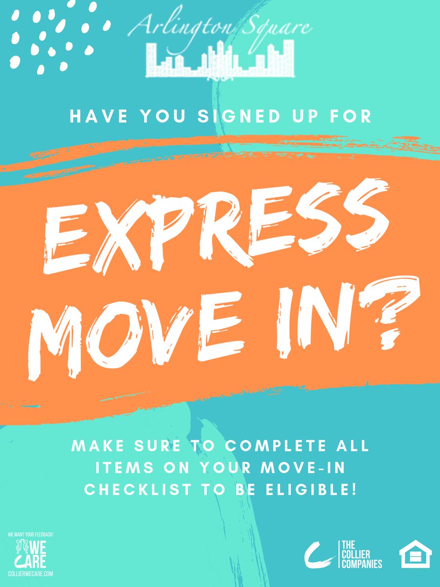 Want to beat the line on move in day? Sign up for express move in! To sign up for express move in, log into your resident portal account and complete all items on your move-in check list. If you have any questions, contact our office, we'd love to help!