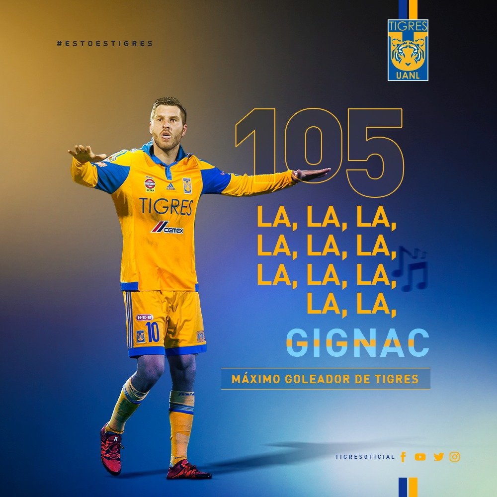 TigresOficial's tweet photo. "¡La, la, la, la, la, la, la, la, la, la, la... Gignac!"

¡HIST⚽️RICO 1⚽️5! https://t.co/MqDW6eandl