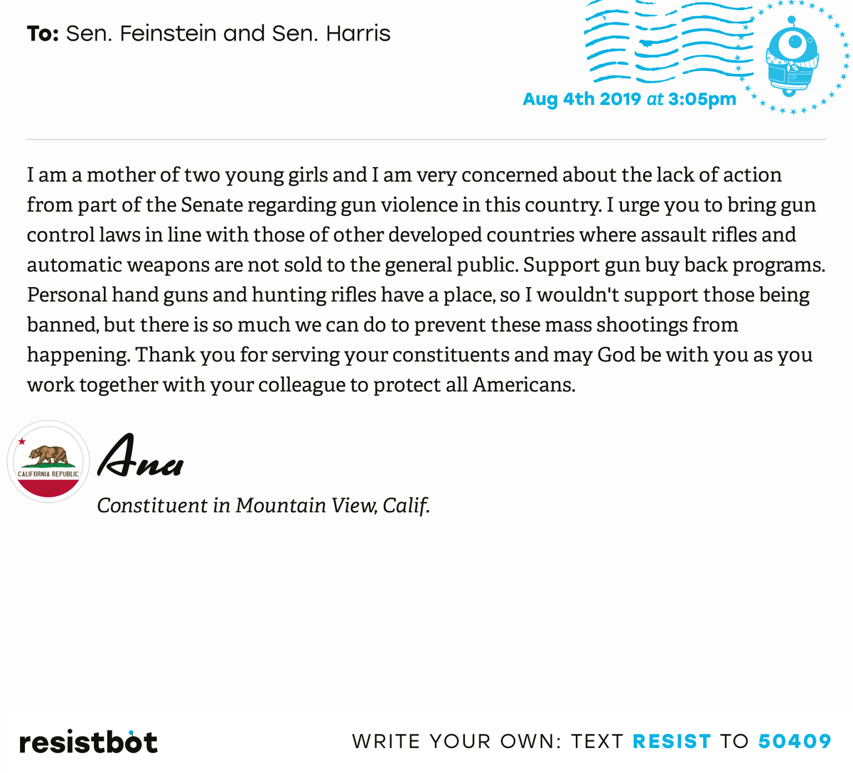 openletterbot's tweet photo. I just delivered this letter from Ana in Mountain View, Calif. to @SenFeinstein and @SenKamalaHarris #CApols #CApolitics #GunControlNow https://t.co/K97qbO9045