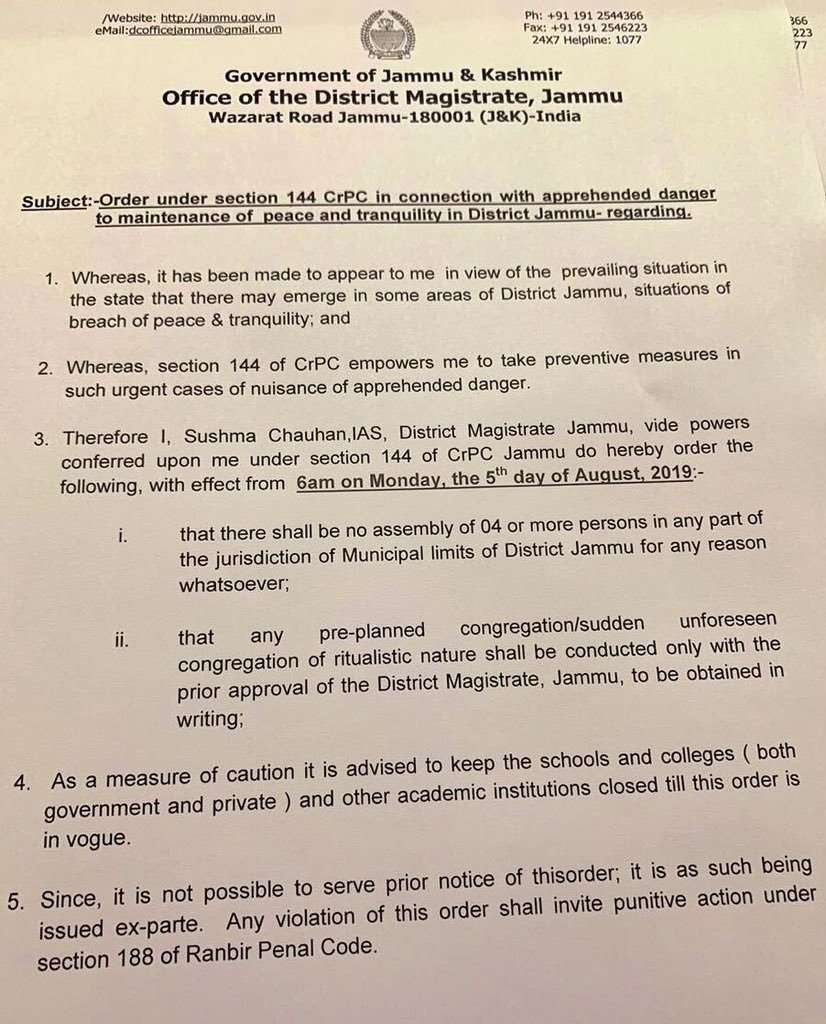 Shiv Aroor On Twitter Copy Of Orders For Imposition Of Section 144 In Jammu By District Magistrate Sushma Chauhan