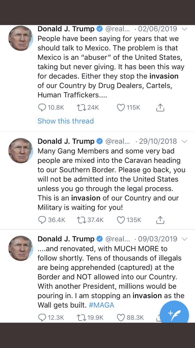 Andrew—#IAmTheResistance (@amoneyresists) on Twitter photo Trump is now deleting his tweets calling immigrants an “invasion” now that he inspired the El Paso shooter to murder 20 people to “stop the Hispanic invasion of Texas.” Sorry <a href="/realDonaldTrump/">Donald J. Trump</a>, but the internet is forever.
#TrumpsTerrorists Trump is now deleting his tweets calling immigrants an “invasion” now that he inspired the El Paso shooter to murder 20 people to “stop the Hispanic invasion of Texas.” Sorry <a href="/realDonaldTrump/">Donald J. Trump</a>, but the internet is forever.
#TrumpsTerrorists