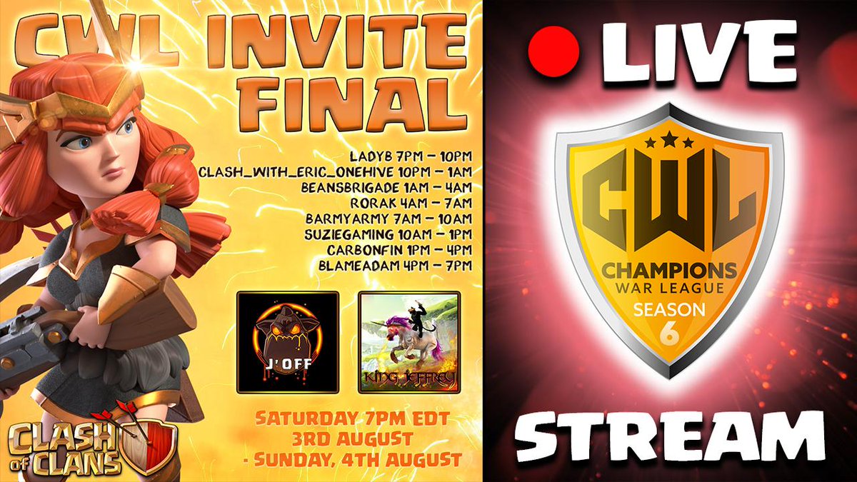 CWL INVITE GRAND FINAL
It's the final stretch of the biggest war of the year, over 20 12v12 attempts to decide this war, let's go! #cwlmedia #hype #clashofclans #clashon #finals #worldsbest #cwl #champions #invite

YouTube: youtu.be/NSiSrs6uiM0
Twitch: twitch.tv/blameadam