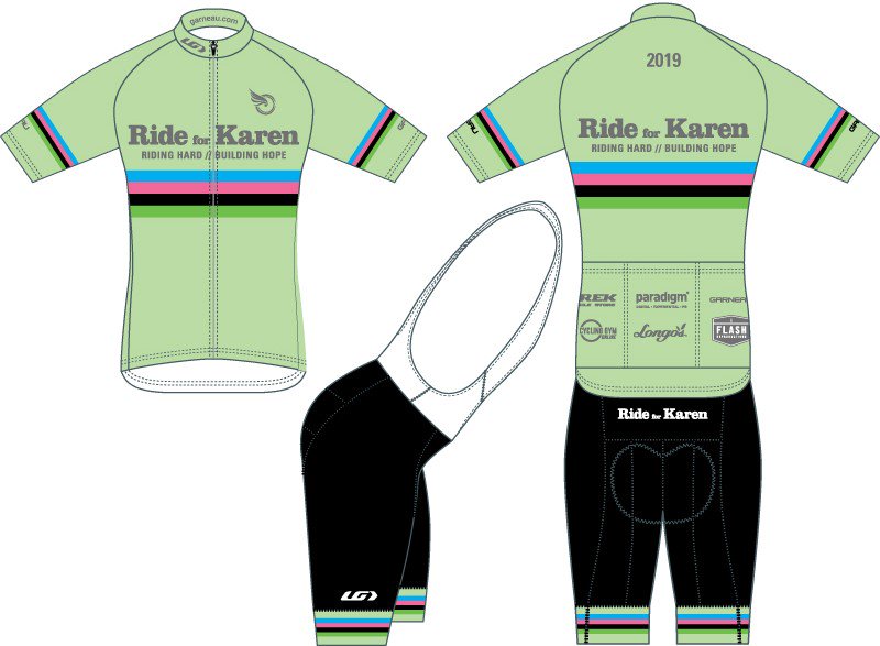 We are so excited to share this year's #RideForKaren unforms! Big green machines are ready to ride!  #rideforkaren #InForTheRide #cycling #cycleTO