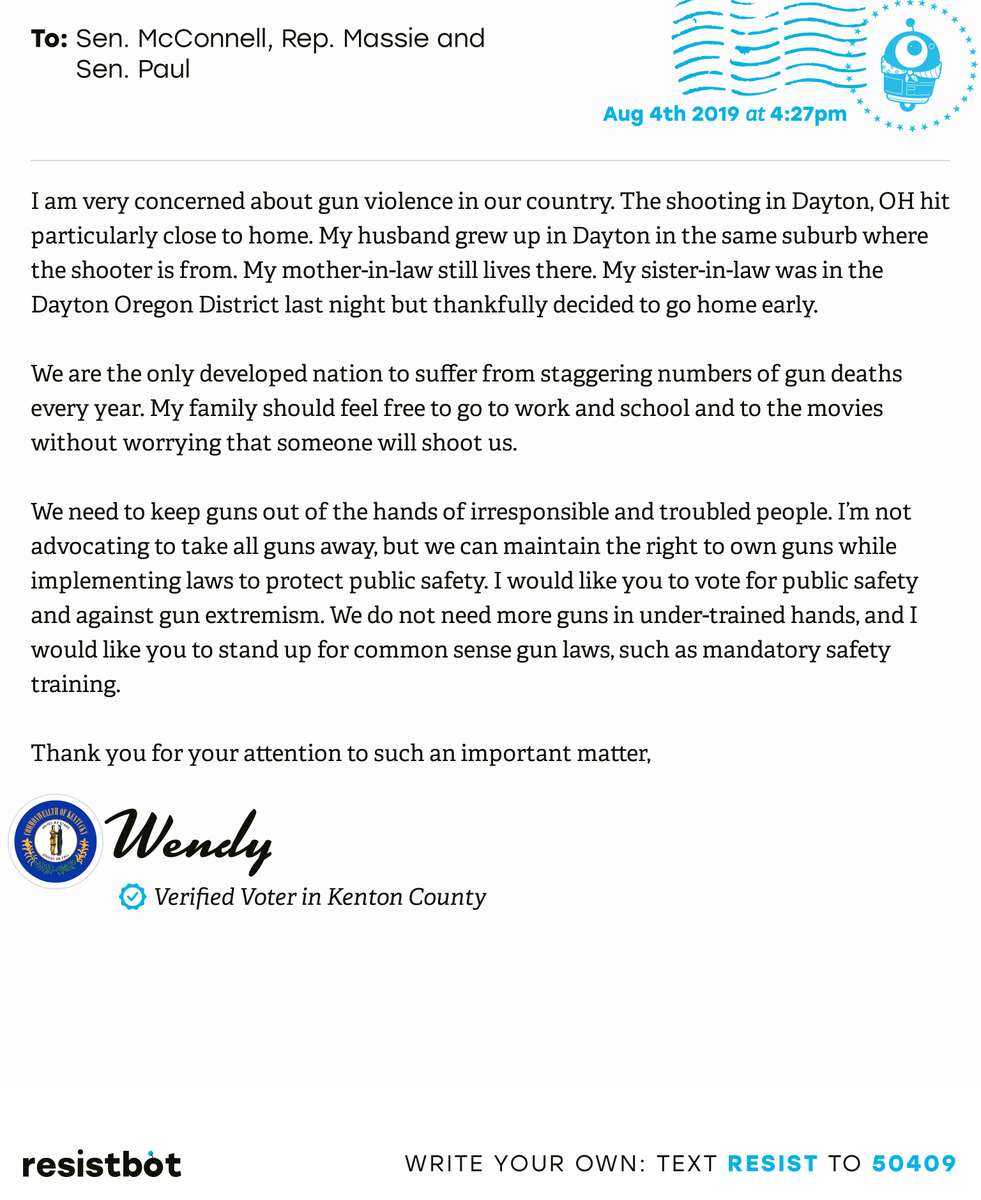 openletterbot's tweet photo. I just delivered this letter from Wendy in Covington, Ky. to @SenateMajLdr, @RepThomasMassie and @RandPaul #KYpols #KYpolitics #Resistbot https://t.co/6yuT5c4lAD