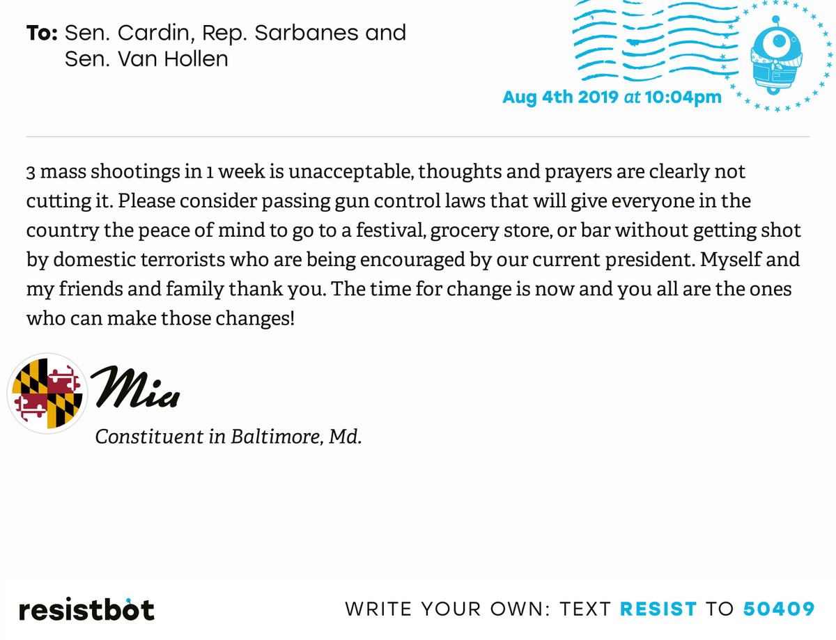 openletterbot's tweet photo. I just delivered this letter from Mia in Baltimore, Md. to @SenatorCardin, @RepSarbanes and @ChrisVanHollen #MDpols #MDpolitics #GunControlNow https://t.co/MXc8N5KLbf