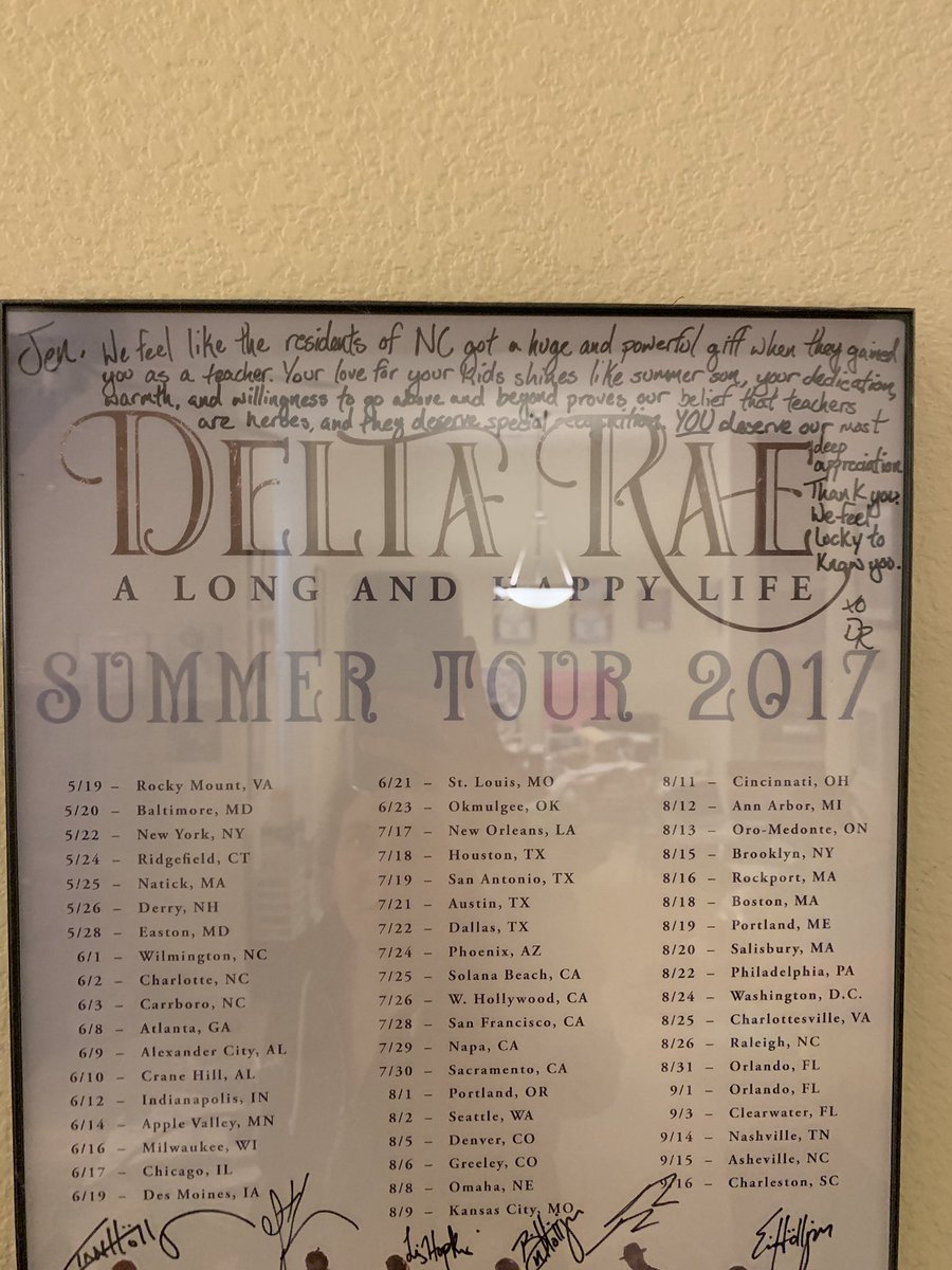 Jmw268's tweet photo. @RideOrDiehards @DeltaRae Delta Rae posters on our wall! My favorite is the signed one I got from #ticketsforteachers ❤️ #MyFavoriteMemory https://t.co/kGFhFeVUF0
