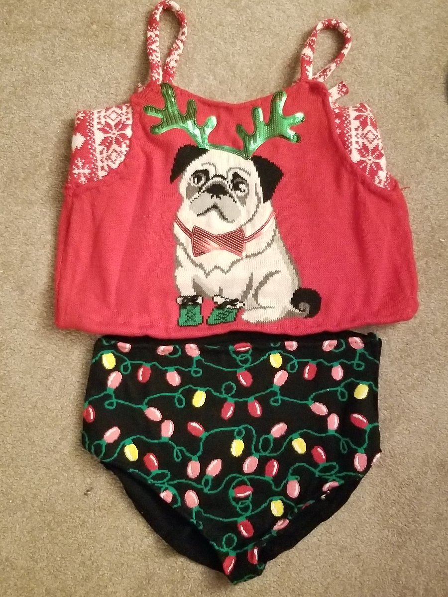 Solara_Chan's tweet photo. Item 38. The ugly holiday sweater bathing suit. This one too a while. My sewing machine did not like the fabric so I had to hand sew it haha. #Gish #TeamMenofLetters https://t.co/PQwEe6EFR1