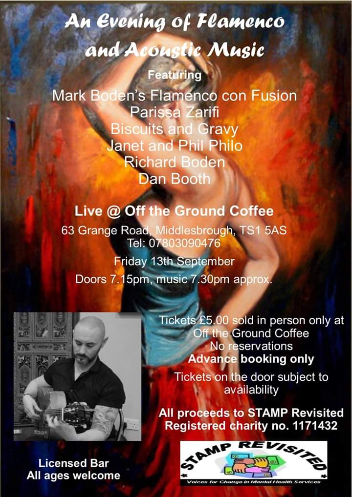 flamencojoebo's tweet photo. I have been volunteering for a mental health charity, STAMP Revisited, so I decided to organise a music charity event to help raise some funds for the service. #flamenco #mentalhealth #OT #Middlesbrough #acoustic #OccupationalTherapy https://t.co/P3fYJHGncS