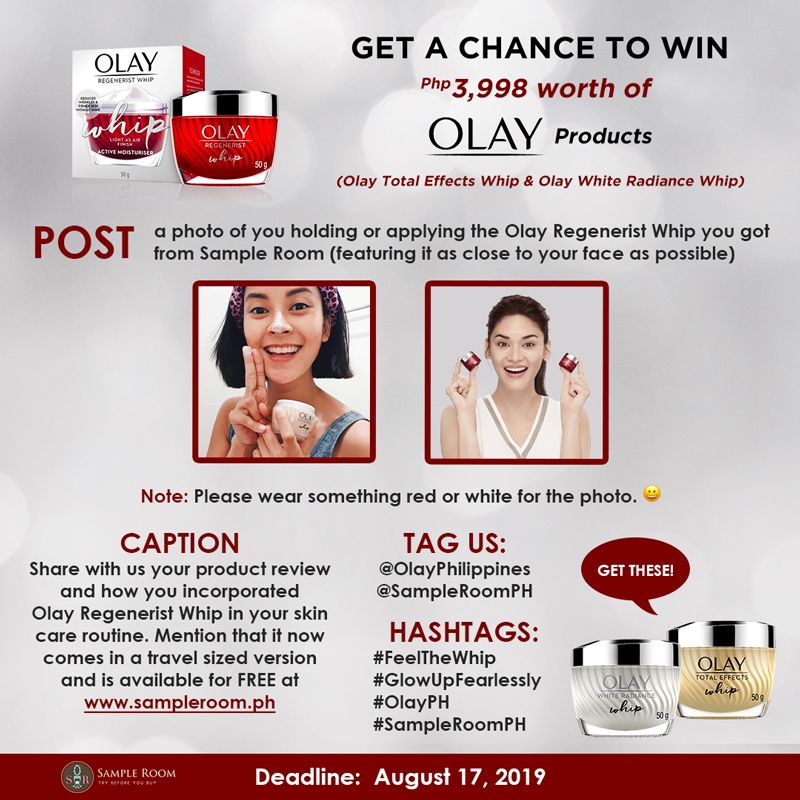 SampleRoomPH's tweet photo. Confidently show off your youthful, glowed up skin and share with us how you were able to #GlowUpFearlessly with @OlayPhilippines Join our ‘#FeelTheWhip with Olay Regenerist Whip’ contest and get a chance to win Php 3,998 worth of products from #OlayPH! https://t.co/VlZG58pg5c