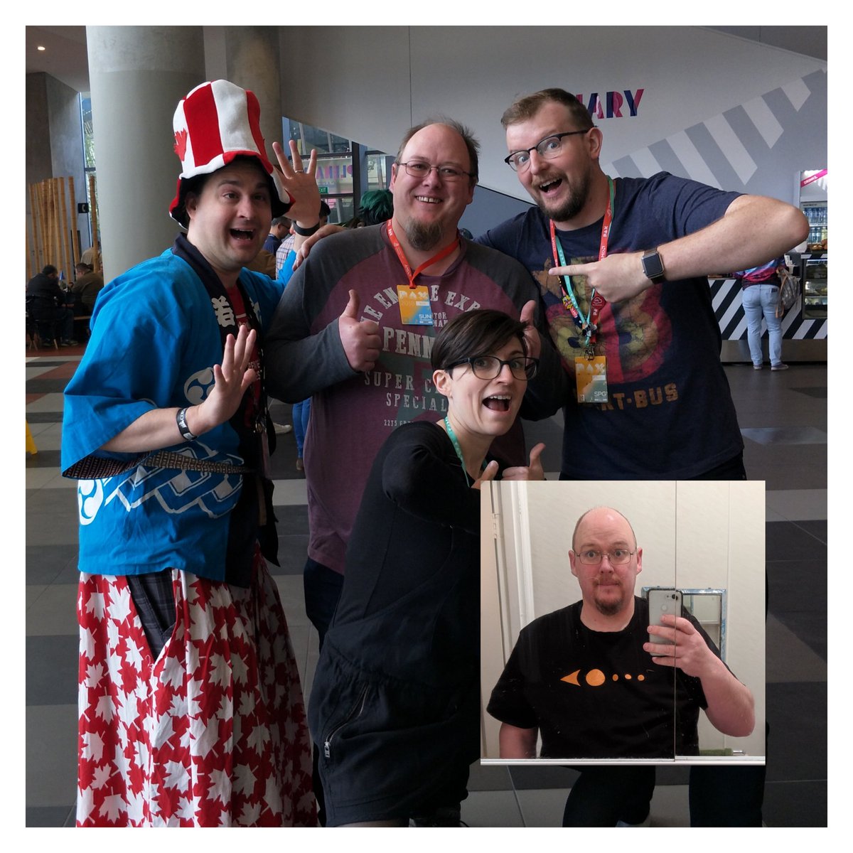 Dave_glabrezu's tweet photo. Went to pax Aus only to meet @Graham_LRR @Kathleen_LRR @tuxbeej @BengineeringTV and do the commerce. Bought the top as it was the largest but no hope of fitting into. 35kg lost and it finally fits. Small steps. https://t.co/e9nega2RST