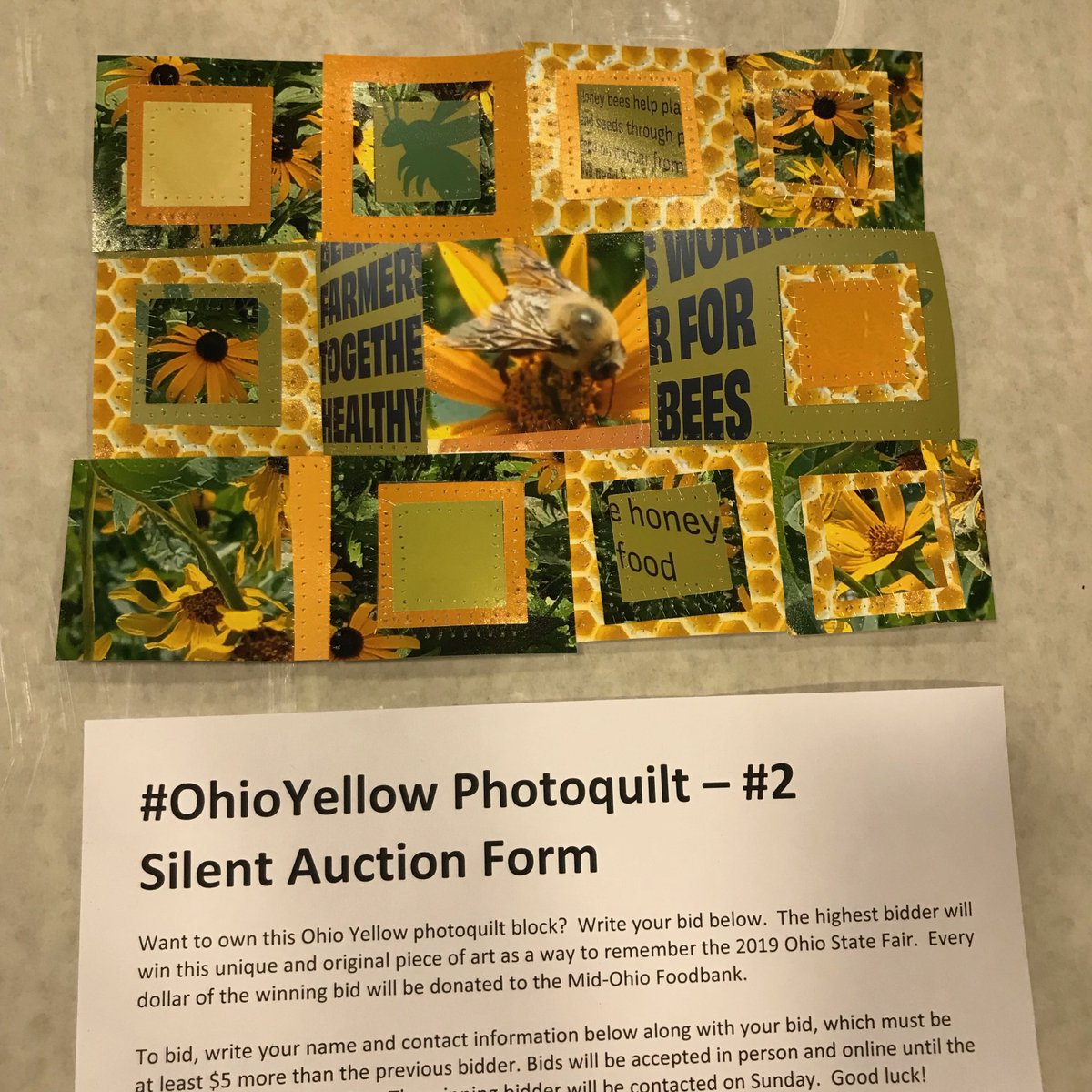 ChrisMercerhill's tweet photo. Here are the 4 #OhioYellow #photoquilt blocks made with prints donated by @MidwestPhotoEx and up for auction to benefit @Mid_OHFoodbank. Bids so far: #1 $50, #2 $35, #3 $50, #4 $25. Place your bid in Kasich Hall at the @OhioStateFair or directly @ChrisMercerhill. Thanks! https://t.co/KI8MdYeRhw