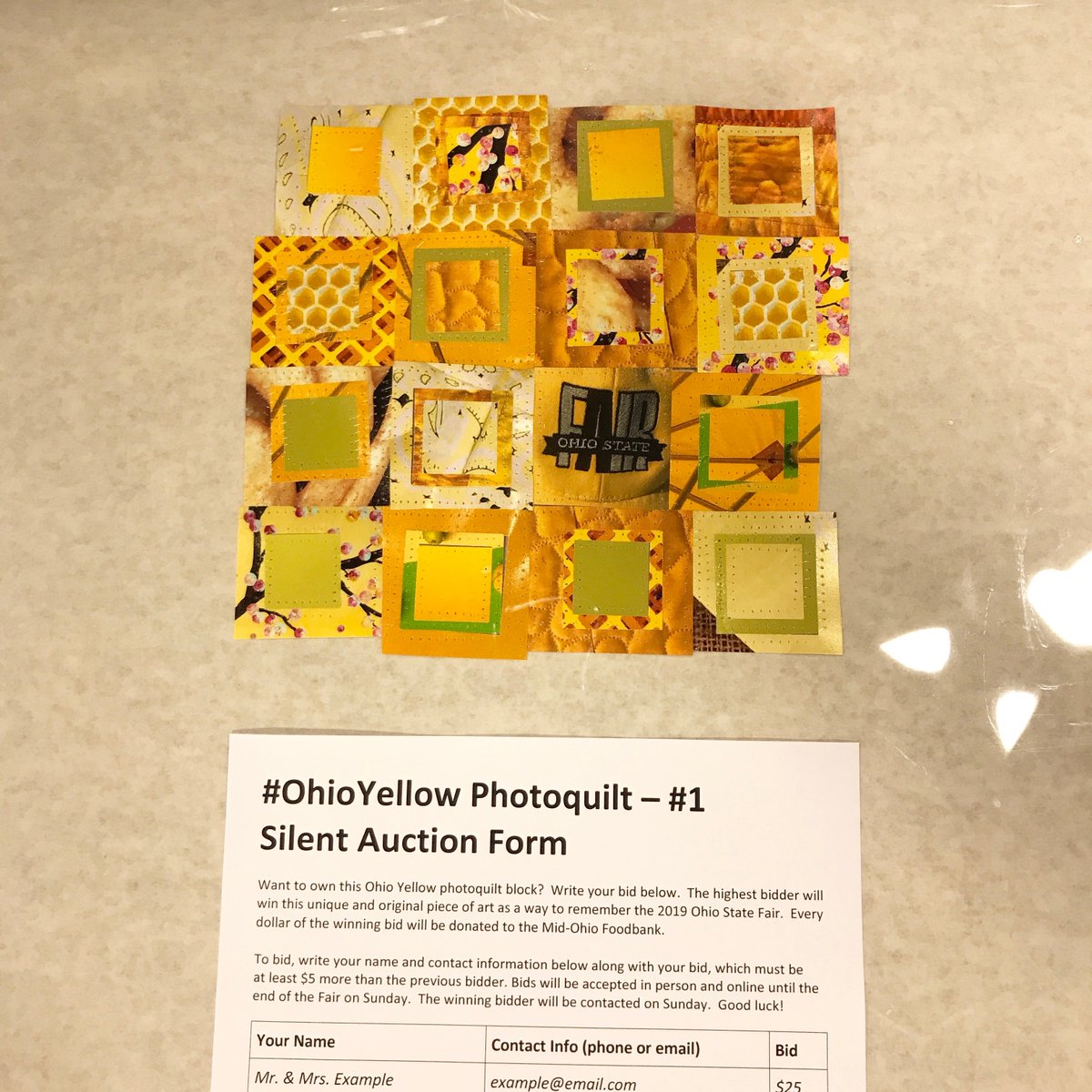 ChrisMercerhill's tweet photo. Here are the 4 #OhioYellow #photoquilt blocks made with prints donated by @MidwestPhotoEx and up for auction to benefit @Mid_OHFoodbank. Bids so far: #1 $50, #2 $35, #3 $50, #4 $25. Place your bid in Kasich Hall at the @OhioStateFair or directly @ChrisMercerhill. Thanks! https://t.co/KI8MdYeRhw