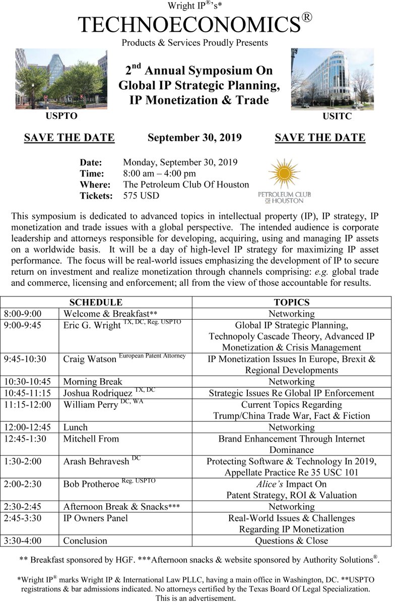 Wright_IP's tweet photo. Technoeconomics ® Save September 30, 2019; 2nd Annual Symposium On Global IP Strategic Planning, IP Monetization & Trade, Houston at Petroleum Club of Houston #technoeconomics #brand #IP #patent #trademark #copyright #news #IPR #PCOH #trade #trump #usitc #uspto #CIT #euipo #cipo https://t.co/MmjDOHeRsG