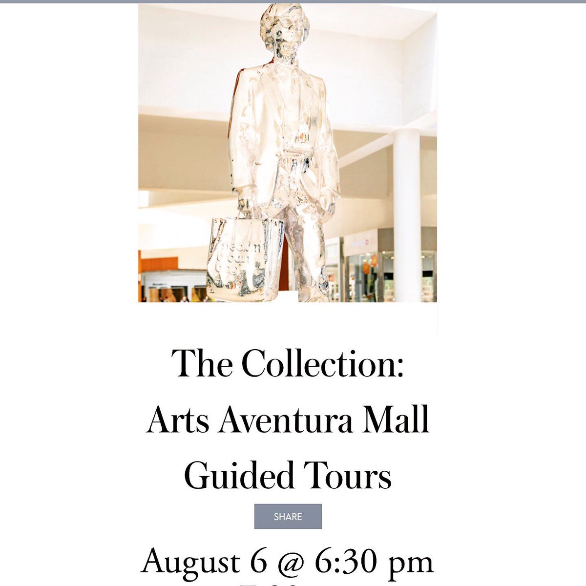 #Aug6th at 6:30pm: Join #ArtsEncounters for a #free #guidedtour of the world-class #publicart collection <a href="/AventuraMall/">Aventura Mall</a> led by <a href="/margerysgordon/">Margery Gordon</a> on monthly #firstTuesdays + complimentary drinks &amp; bites after <a href="/Tap42Bar/">Tap 42</a> INFO &amp; RSVP aventuramall.com/arts