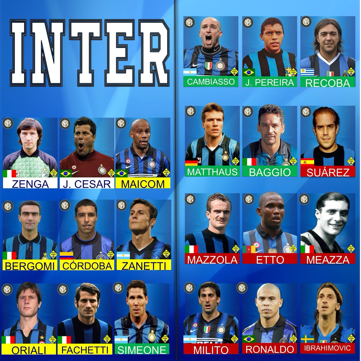 BoteFutbol's tweet photo. Esta podría ser un #teamhistorico del @Inter con #cracks como @setoo9 @Chino_Recoba20 @Ronaldo @Ibra_official #zanetti #chinorecoba #Meazza #Mazzola #Mathaus #SerieA #SerieATIM #futbolitaliano #Ligaitaliana #Calciomercato #calcioland https://t.co/LPgL27KLPp