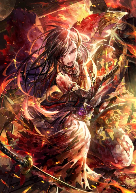 #戦国TCGイラコン

ギリギリ滑り込み投稿できました!
決戦という事で「本能寺の変」で最期の闘いに挑む「森蘭丸」を描かせていただきました! 