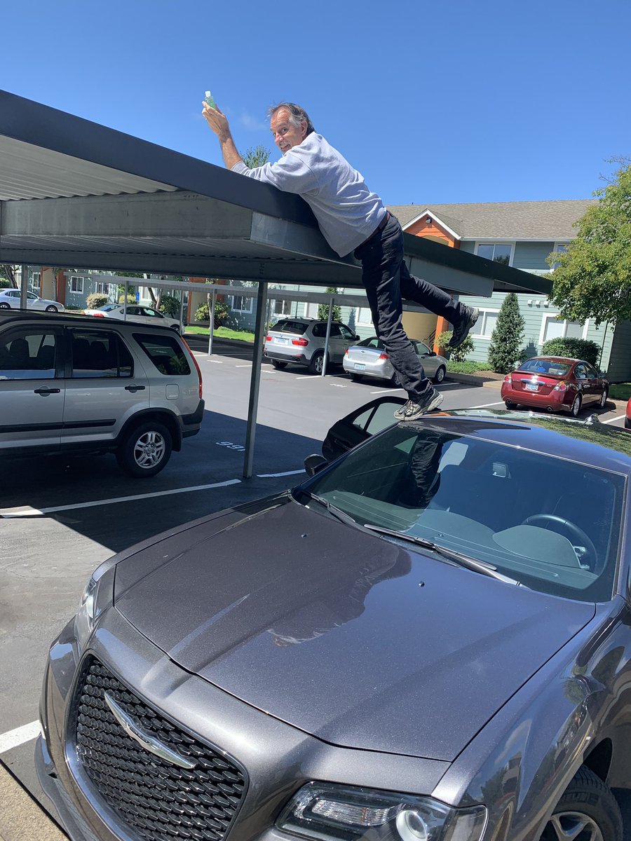 WollinMs's tweet photo. Also, my dad got me some extra hand sanitizer, thought it would be funny to throw it.... he threw on top of the car shelter and had to #climb to get it #ParksideABCchallenge https://t.co/2T6sDI3qs2