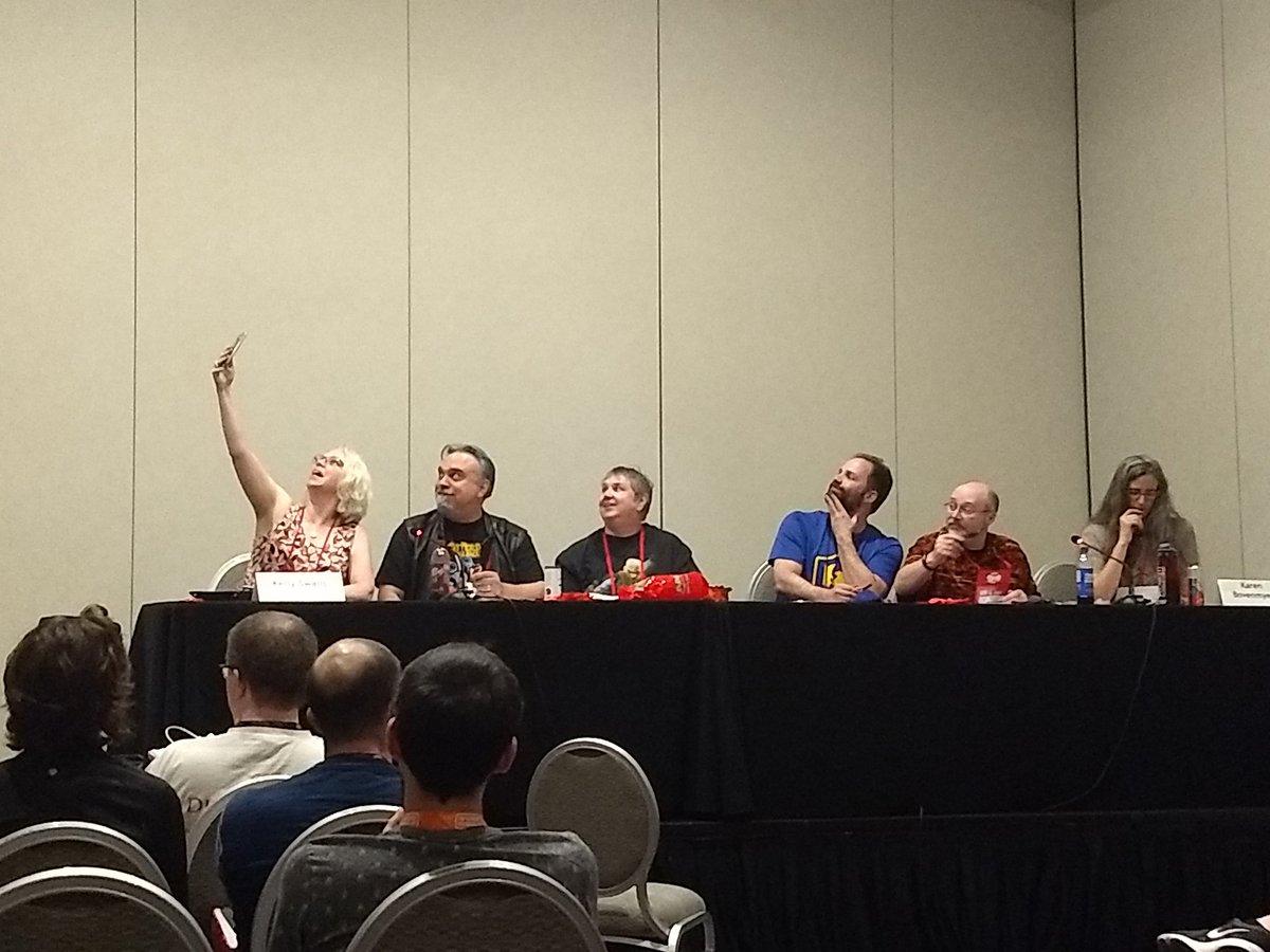 Talkos's tweet photo. Just a few picture highlights from Gencon. The awesome nerds of @CosplayTapDance showing the 90s never died and last night's intrepid band of writers....before any dwarves are thrown in ponds or javelins tossed into backs. https://t.co/rDL5rzOFp5