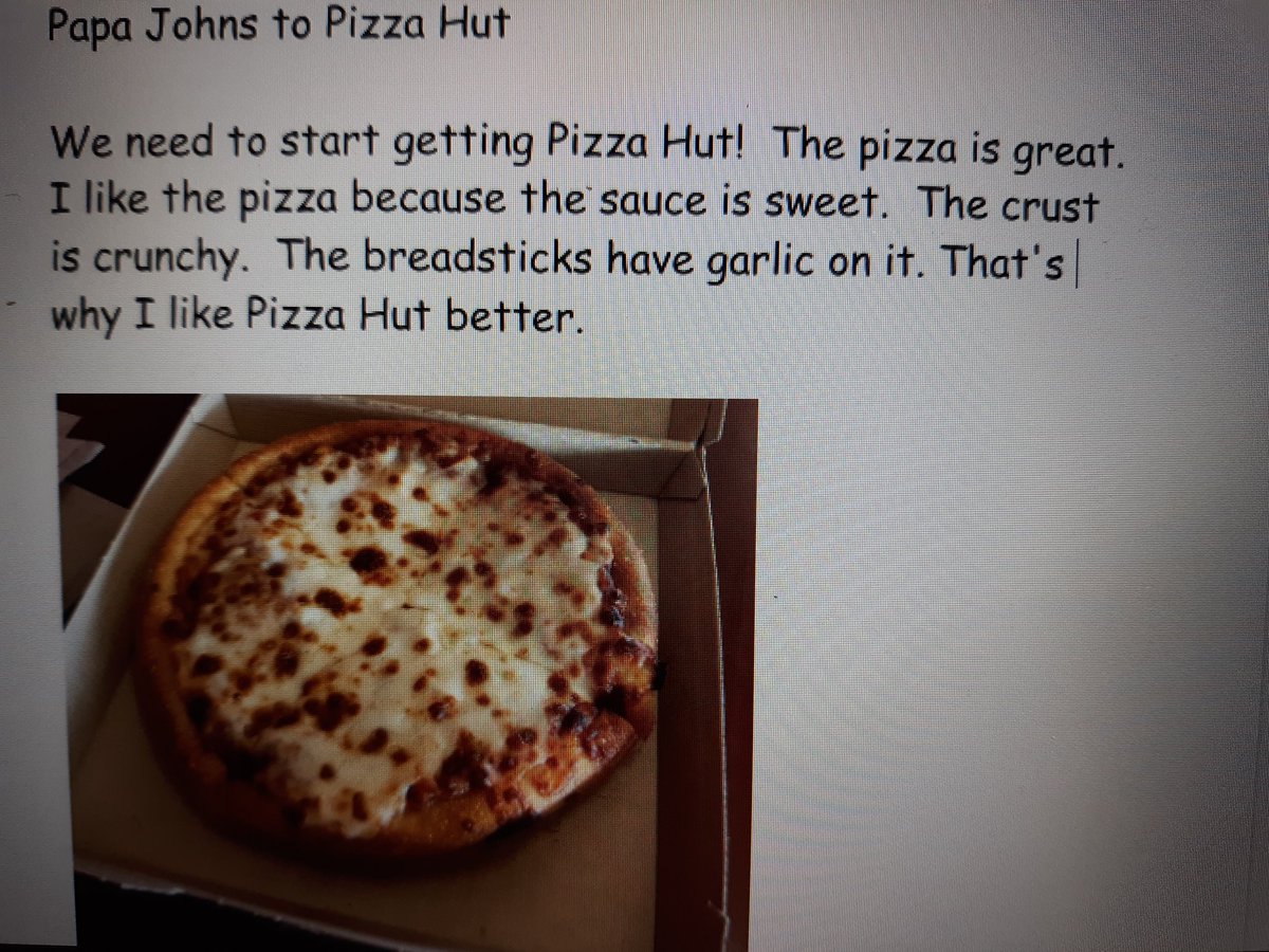 TechTeachVB's tweet photo. We usually order pizza from Papa John's. Teddy wants to change that tradition, so I asked him to convince me! #writing #gettingreadyfor3rdgrade #persuademe @pizzahut #vbits https://t.co/GjUofQJL0Y