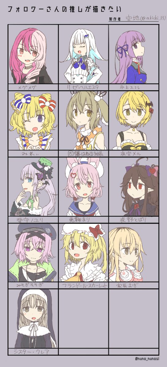 #フォロワーさんの推しが描きたい
テンプレお借りしました。(加工済)
数日前に頂いたリクエストの13人を描きました!
色塗り手を抜いてごめんね…