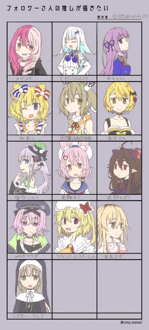 #フォロワーさんの推しが描きたい
テンプレお借りしました。(加工済)
数日前に頂いたリクエストの13人を描きました!
色塗り手を抜いてごめんね… 