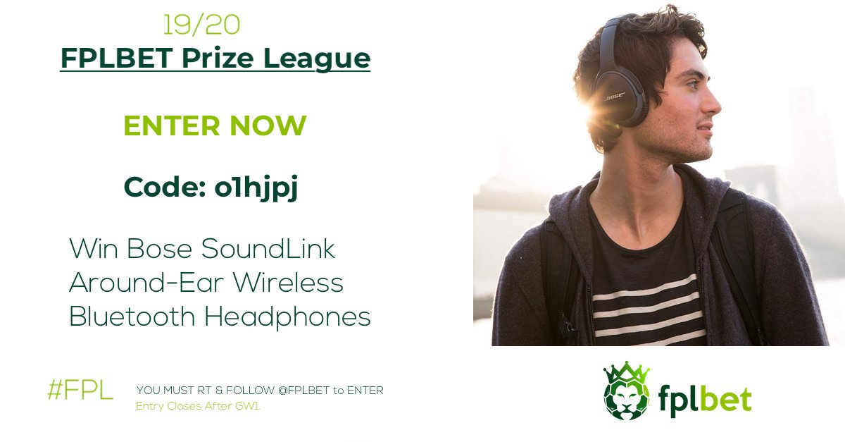 LundstramFpl's tweet photo. Our 2019/2020 #FPL Prize League is OPEN for ENTRY.

Winner takes all - Bose Soundlink Wireless Headphones!

To Enter:
1. RT this Tweet
2. Follow 
@fplbet
 
3. Join League: o1hjpj

New Entrants will not be accepted once GW1 is locked in.

#premierleague #ffcommunity #GW1 https://t.co/hJ4sZ2SW5j