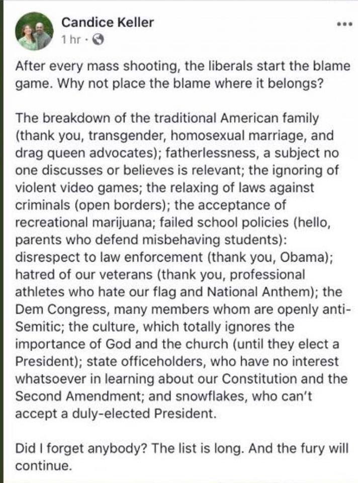 Ohio State Representative Candice Keller (Middletown, Ohio/not far from Dayton) says the mass shootings happened because of:

- "transgender"
- “homosexual marriage”
- "drag queen advocates"
- Obama
- Open borders
- Marijuana
- etc

Let her know what you think:

614-644-5094