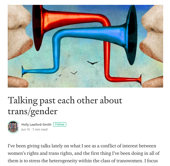 christapeterso's tweet photo. Holly Lawford-Smith has this one medium piece that's like "the reason I disagree with you about trans rights is because when I think about trans women I think about a transphobic caricature" and yeah holly we know https://t.co/Tc2vFSEFLC