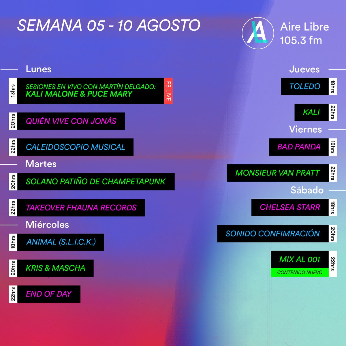 airelibre_fm's tweet photo. Esta semana en Aire Libre 105.3 fm #LaNuevaRadioDeLaCDMX. 
Horarios➡️ https://t.co/xI9vCE3J4A
📻📆📻 https://t.co/rBINoiNpvv