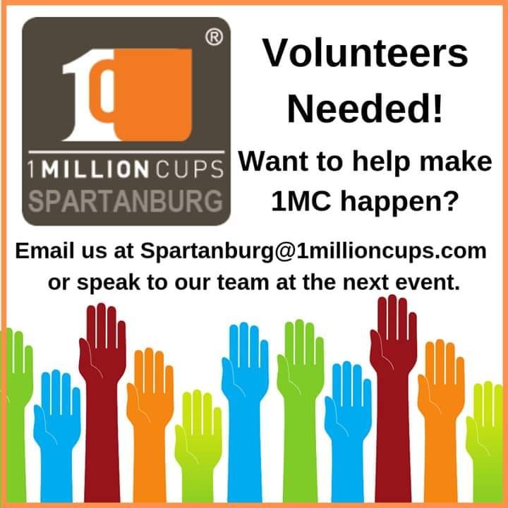 <a href="/1MillionCupsSPB/">1MC Spartanburg</a> is seeking two new volunteers experienced in or interested in learning how to create content for and manage our e-blast newsletters in MailChimp and our Facebook, Twitter, LinkedIn, and Instagram pages.  Find us and let's talk Aug. 7 at the GreenHouse!