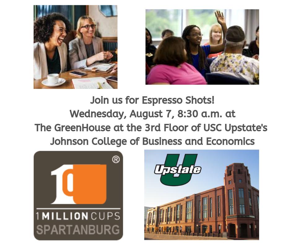 Join <a href="/1millioncupsspb/">1MC Spartanburg</a> Wednesday at our NEW location at the GreenHouse Business Incubator for our biannual Espresso Shots event!  Participants get two minutes each to pitch their business ideas.

We will now be located at 160 E. St. John St., Spartanburg, SC 29306 (3rd Floor).