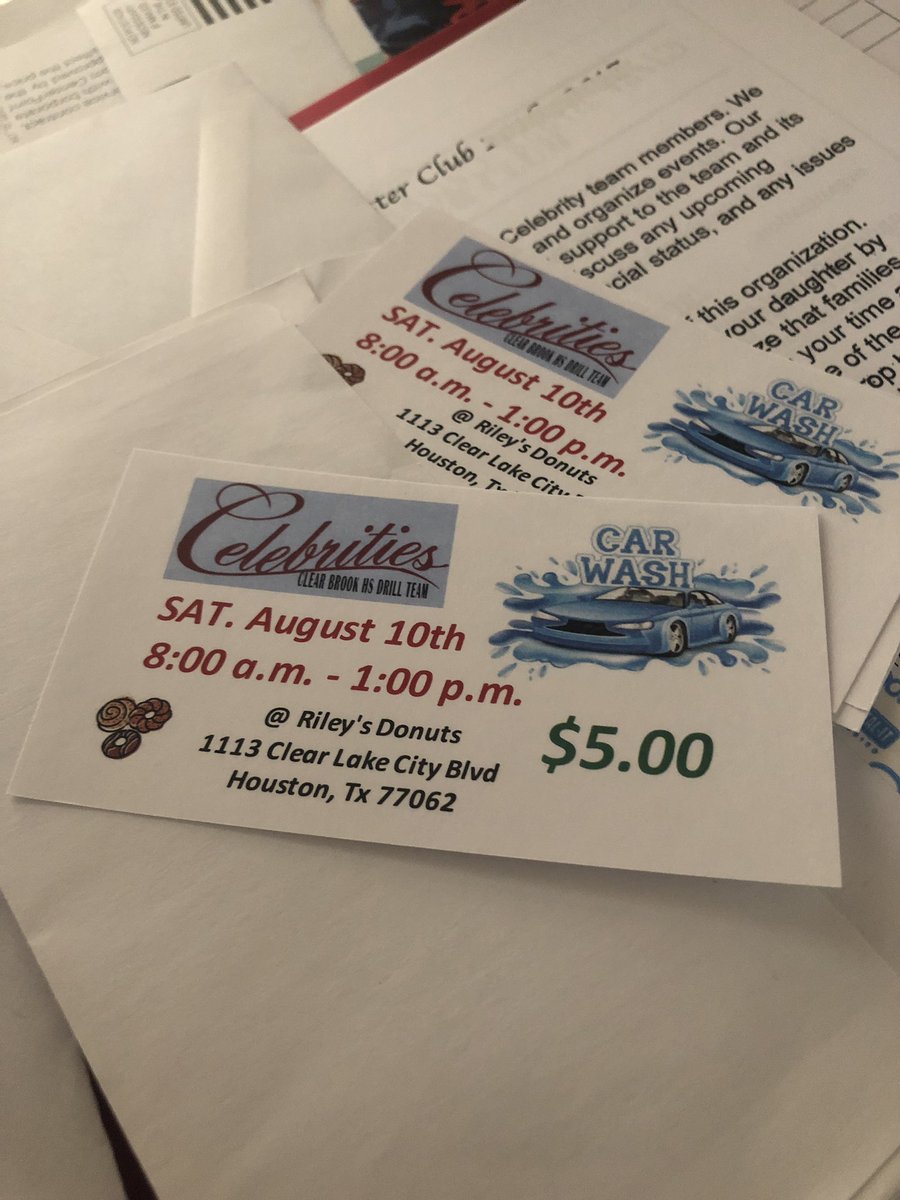 🧼 🚗 IT’S THAT TIME 🚗🧼 The Celebrities are having a car wash on SATURDAY August 10th at Riley’s Donuts on Clear Lake City Blvd. Tickets are $5.00 per vehicle !!!!! Contact your Celebrity friends to purchase a ticket !!!!!