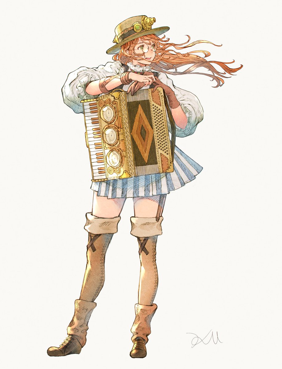 1girl solo hat boots skirt instrument thighhighs  illustration images