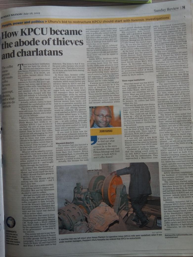 This is a master piece by one J. Kamau. It is the script of how the resources of this country have been plundered by 'thieves and charlatans' as he puts it. This country can not create employment for its youth, provide decent housing and achieve UHC unless thievery stops to pay.