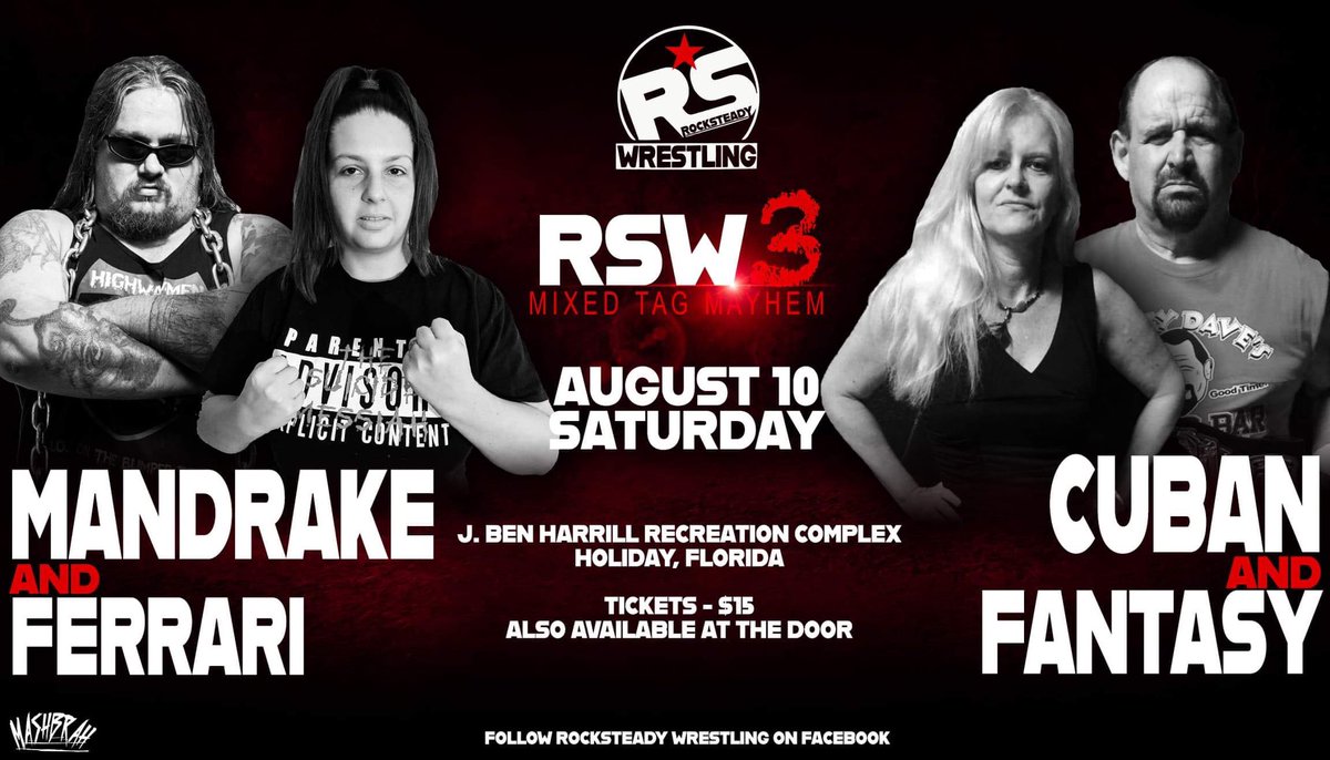 marcmandrake's tweet photo. The main event at RSW 3, a match 8 years in the making!!!
Mandrake &amp; Ferrari vs Cuban Assassin &amp; Fantasy in a mixed tag match!
PLUS!!!
The return of the Samoan Stallion Ativalu vs Maximus!
August 10th, we break all the rules!!!
Special thanks to MashBrah for the graphics!!! https://t.co/pkarXoxST1