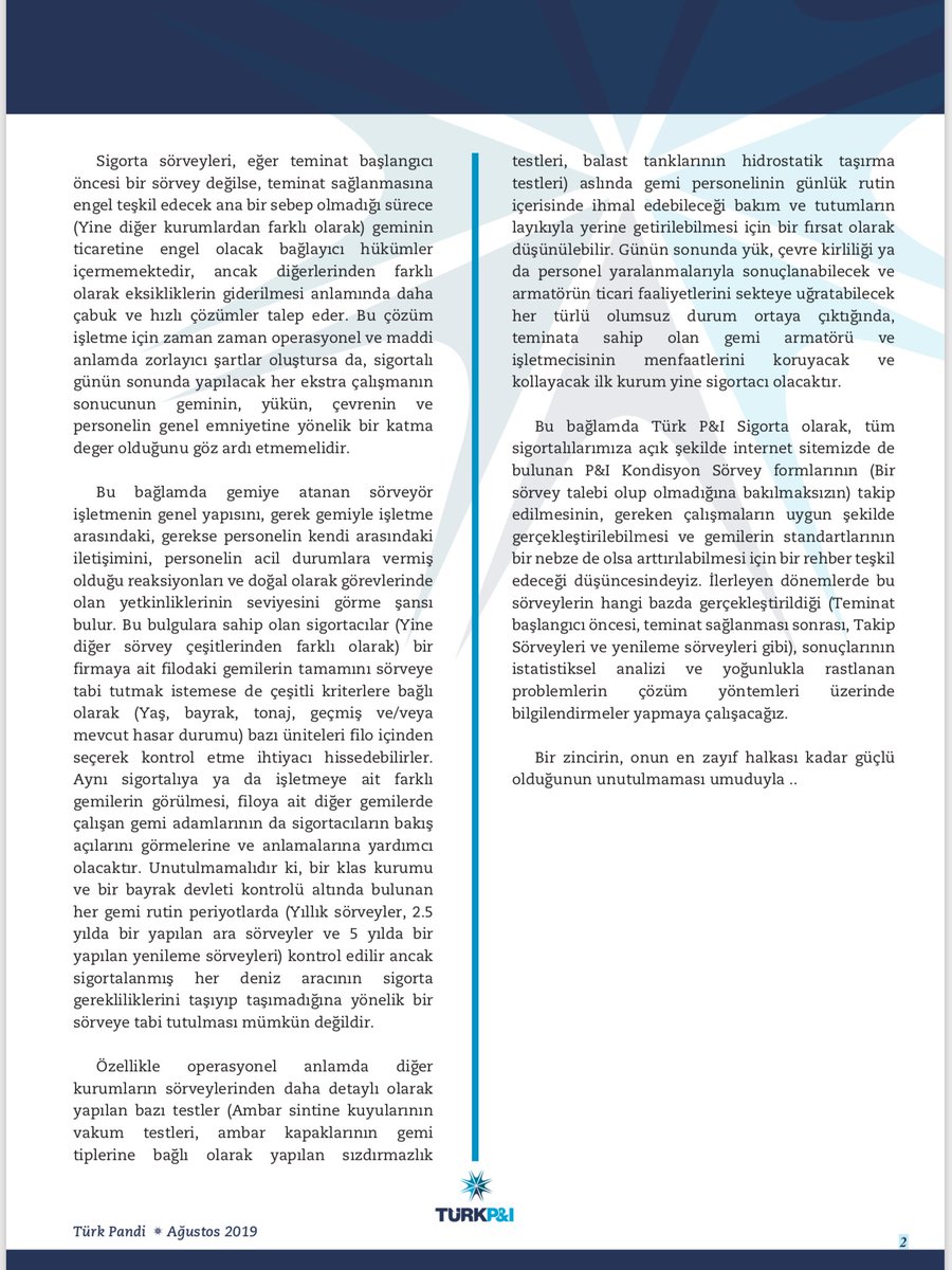 Turk_pandi's tweet photo. Ağustos ayı yazımızı Teknik Müdürümüz Kapt. Değer Pamuk; “Sigortacı gözünden sörveylerin gerekliliği ve diğer kurumların sörveyleriyle farklılıkları” hakkında yazdı. https://t.co/oZr5U0RDYd