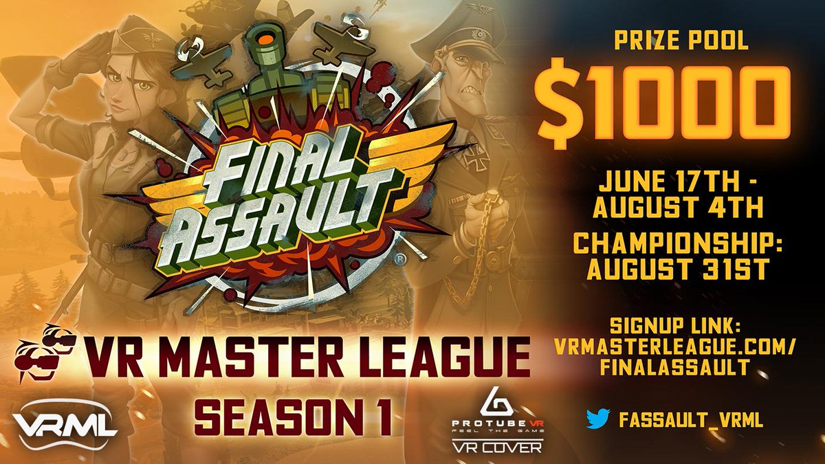 FAssault_VRML's tweet photo. Season 1 matches are almost done! This means only one thing... THE CHAMPIONSHIPS ARE NEAR!🏆🎊
🌐https://t.co/Cs6PhAqrpd
🗣️https://t.co/5gXjfyFRt5

Details &amp; how to participate (yup, there are Open Qualifiers for that 8th spot!) in the link above!
#FinalAssault #VResports #VRRTS https://t.co/MV83rdQENf