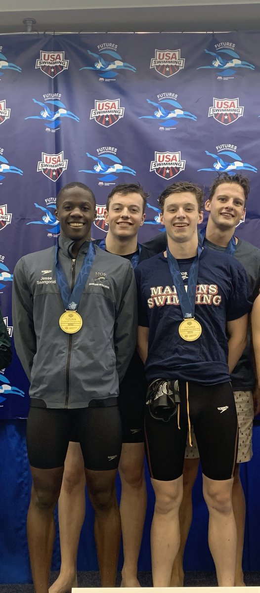 MORswimming's tweet photo. The men’s 400 medley relay team of Colin Cotter (59.23), Connor Dalbo (1:03.94), Jesse Ssengonzi (56.13) and Sam Roche (51.97) took 1st overall in the event in team-record fashion, breaking the old mark by over 3 seconds with a time of 3:51.27! 🥇 #WHGBT https://t.co/PwRKNJdZ1g
