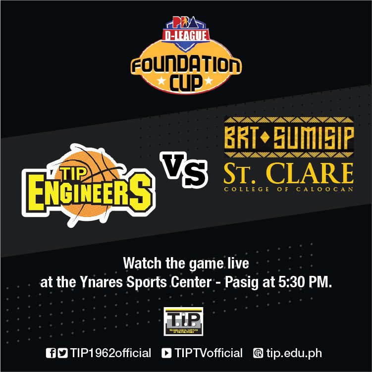TIP1962official's tweet photo. T.I.P.ians! Support the T.I.P. Engineers as they compete for their third winning streak in the PBA D-League Founders Cup 2019! The Engineers will play against the BST Sumisip Basilan - St. Clare College! Watch the game here: https://t.co/zbyrbLFuA6
#TIPlife
#TIPfight https://t.co/Uum1pRqJMQ