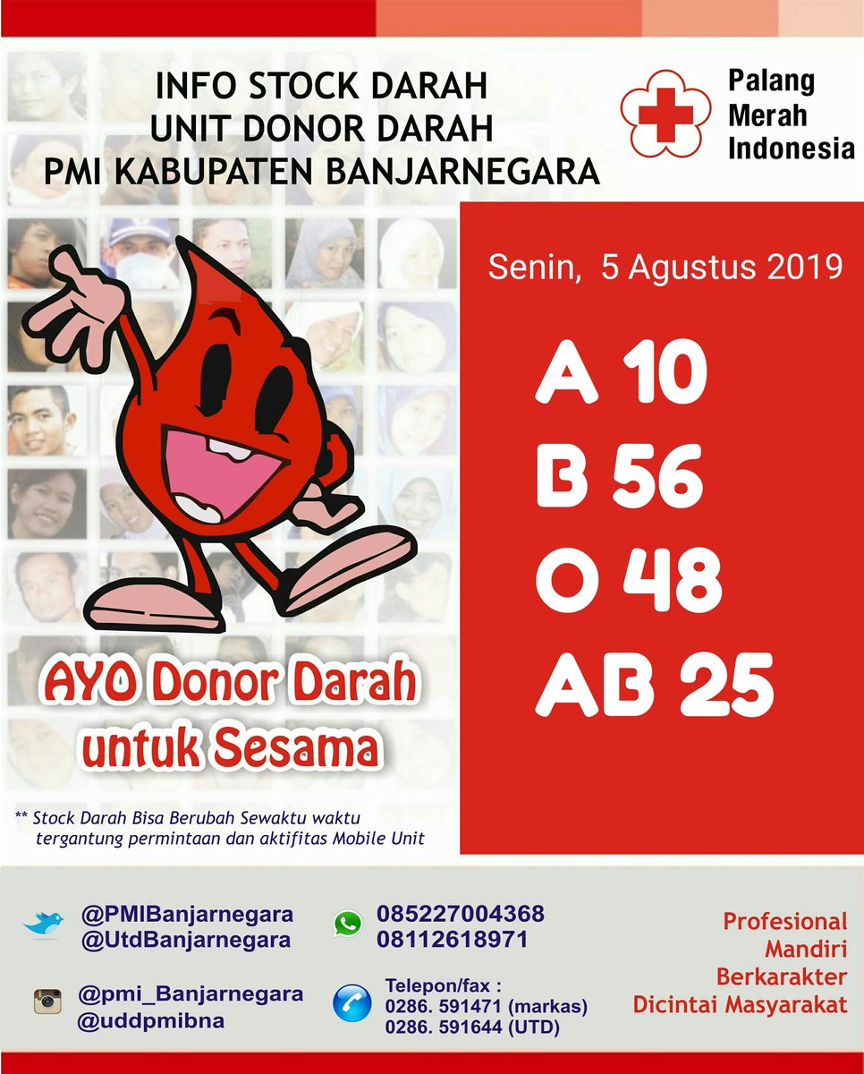 PMIBanjarnegara's tweet photo. Info Stock Darah @UtdBanjarnegara 
Senin,  5 Agustus 2019 
@palangmerah 
@PMIJawaTengah 
@Blood4LifeID 
@kominfo_jtg 
@bna_dinkominfo 
@BudhiSarwono 
@res_bna 
@Kodim0704bna 
@sarwapramana 
@Banjarnegara__ 
@update_BARA 
@rsudhalbna 
@dkkbanjarnegara 
@BeritaBNA https://t.co/QFH3oRz2vn