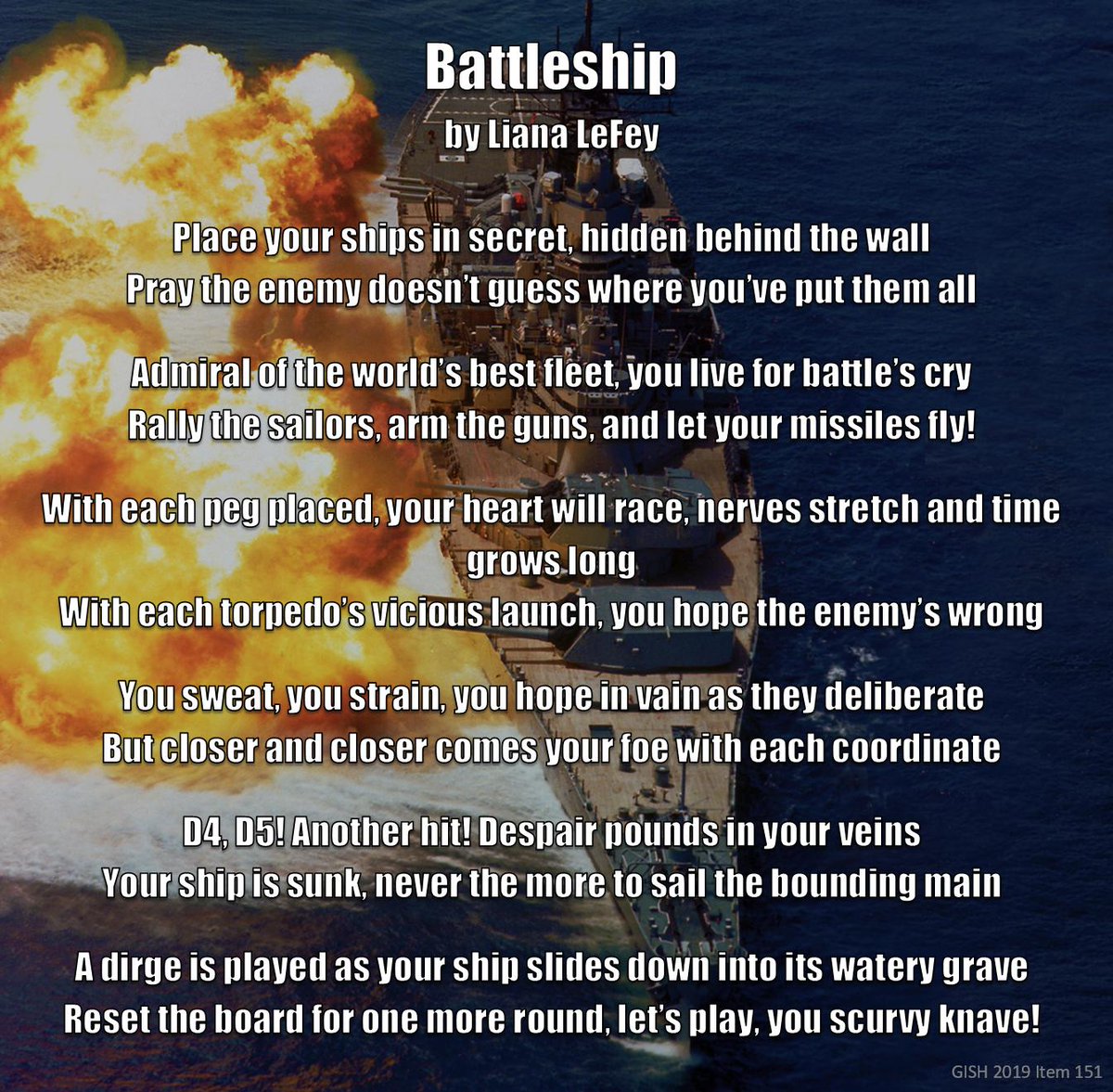 LianaLeFey's tweet photo. #GISH #Item151: You know how they keep making movies out of games? Like the Pikachu movie? Or Battleship: The Movie? Why donβt they ever go after the real money and make poems out of these properties? Write Battleship the poem, or Pikachu the poem. Must be at least 10 lines long. https://t.co/iJMIldLxJx
