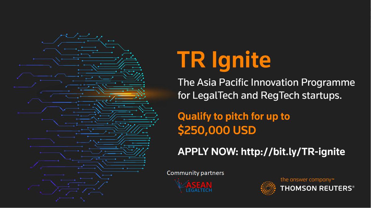 Hello #LegalTech #ASEANLegalTech #NewLaw #AsiaLaw #ASSEANLaw friends! We have collaborated with <a href="/thomsonreuters/">Thomson Reuters</a> for the TR Ignite #pitch competition that will be held at the #TechLawFest! Sign up to get a chance to win US$250,000 techlawfest.com/pitch-competit…