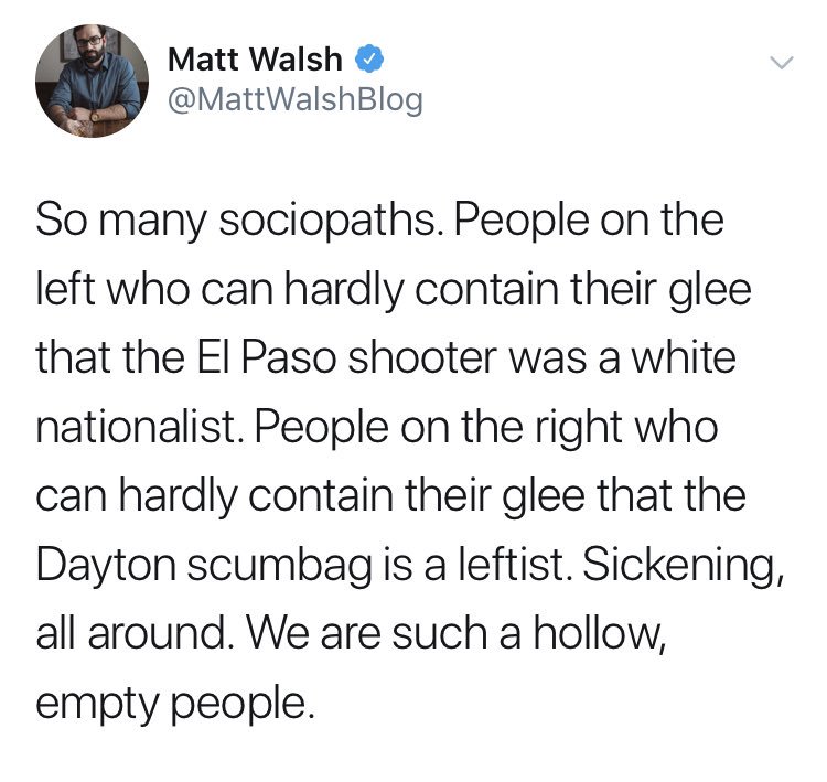 mike_peasley's tweet photo. @MattWalshBlog Even though “the other side” wants and hopes for it to be the case, political ideology alone doesn’t explain violence, domestic terrorism, or any other form of evil. It seems as though few people actually care about the victims, most just want to score partisan political points. https://t.co/jcNUix5Vcu